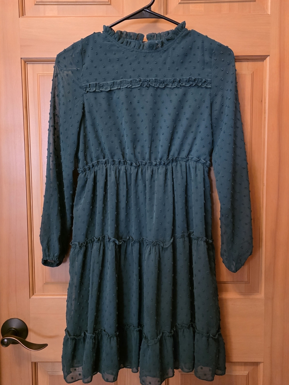 Girls' Dark Green Ruffle Tiered Long-Sleeve Dress
